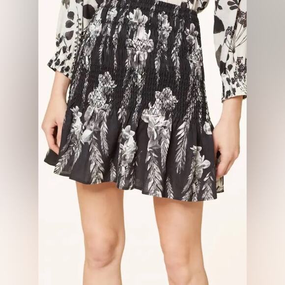 All Saints Linen Floral Black Gray Smocked Ruffle Riah Mia Pull On Mini Skirt 2 - Picture 4 of 8